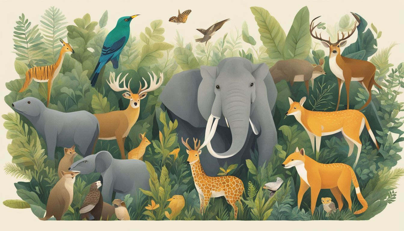 Various animal species gather in a lush forest, exchanging vocalizations and mimicking each other's calls. A diverse array of creatures engage in cultural transmission through intricate vocal strategies