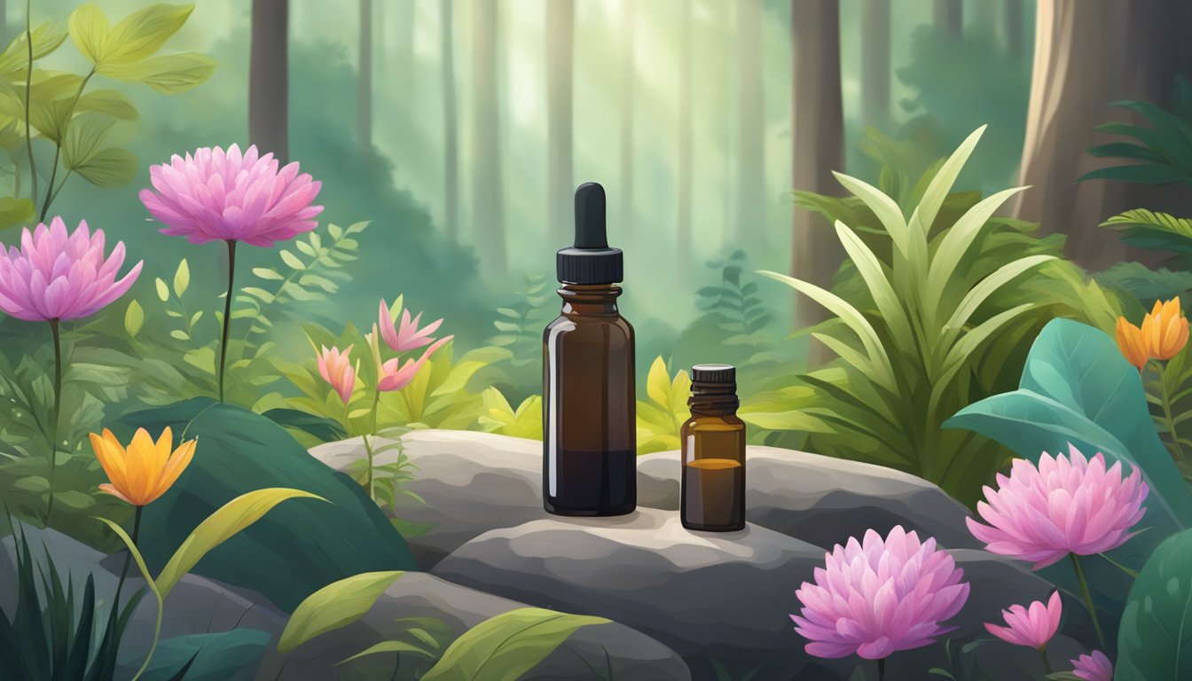 A serene forest clearing with a variety of plants and flowers. A small bottle of essential oil sits on a rock, surrounded by wildlife and game trails