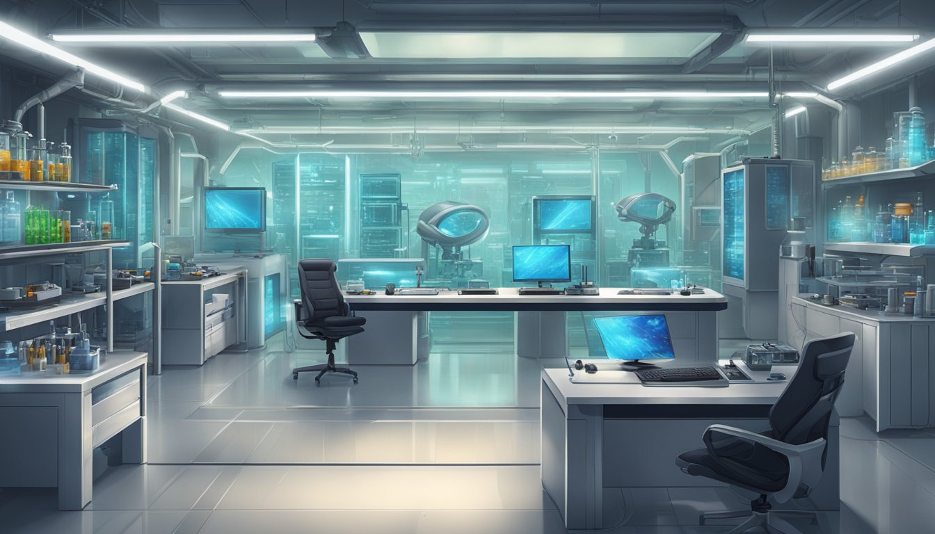 A futuristic laboratory with advanced scent control devices and technology, showcasing cutting-edge techniques for outsmarting game