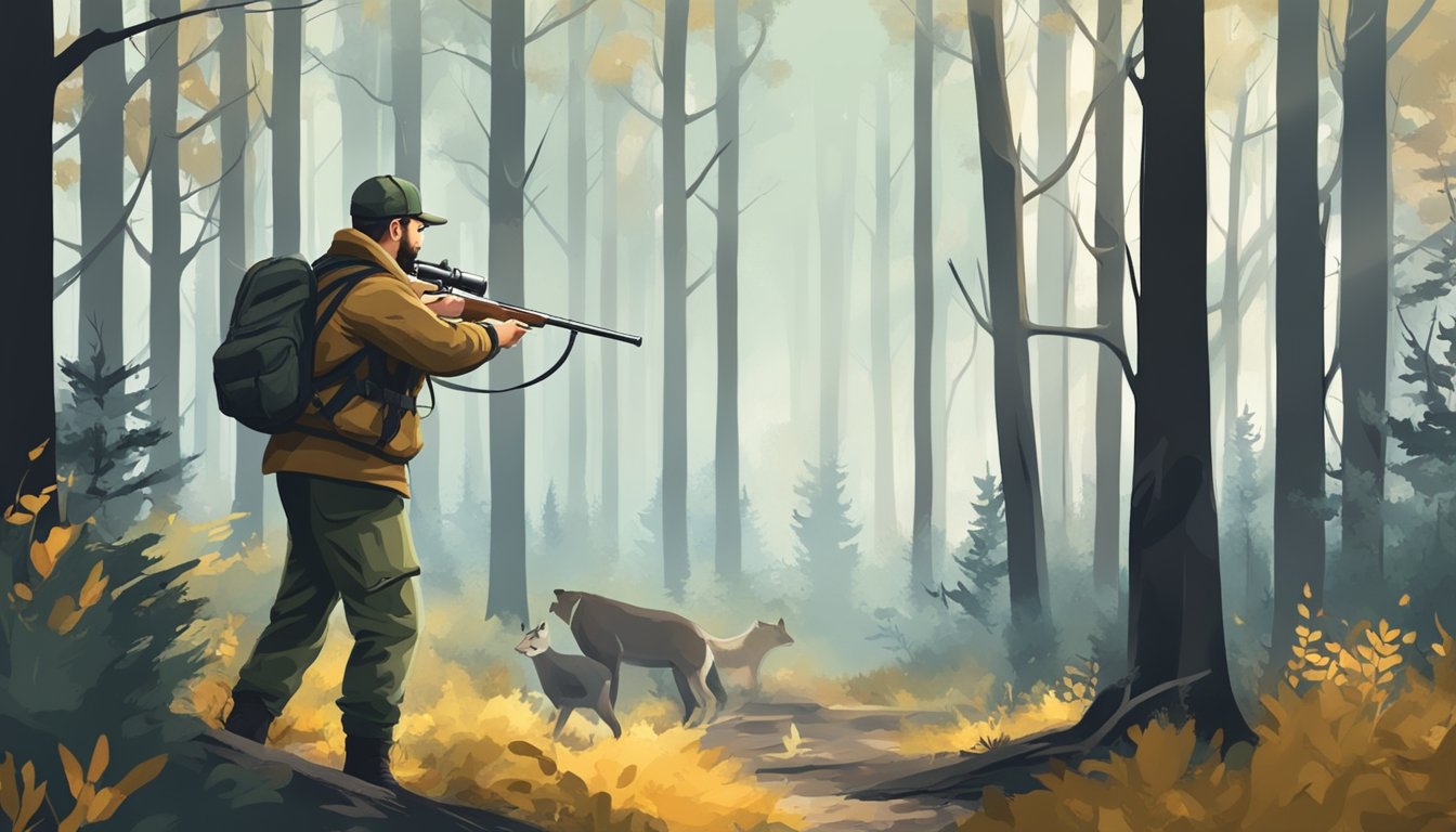 A hunter silently approaches a hunting stand in the woods, surrounded by trees and wildlife, mastering the art of still-hunting