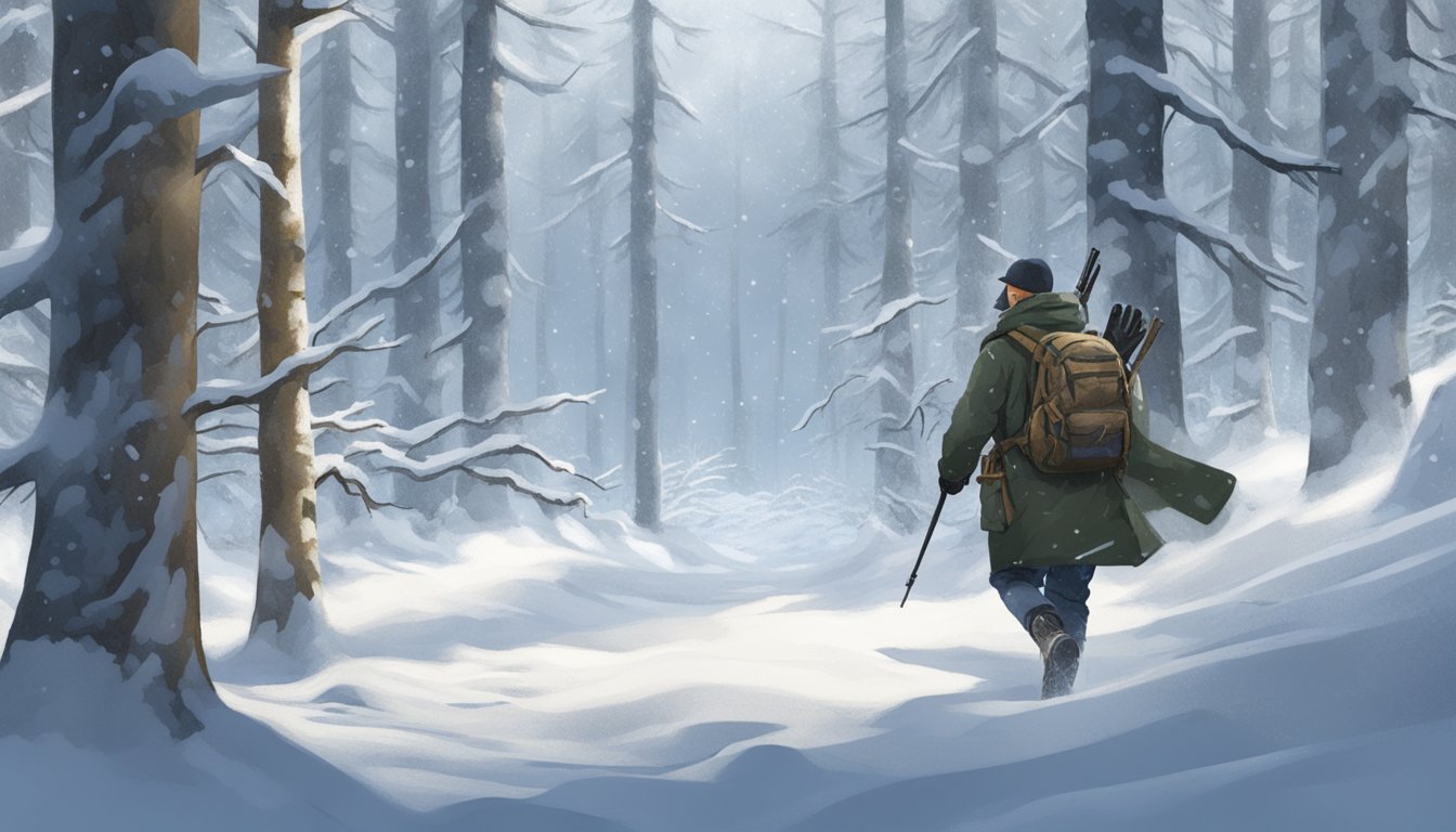 A hunter silently approaches through a snowy forest, blending into the winter landscape