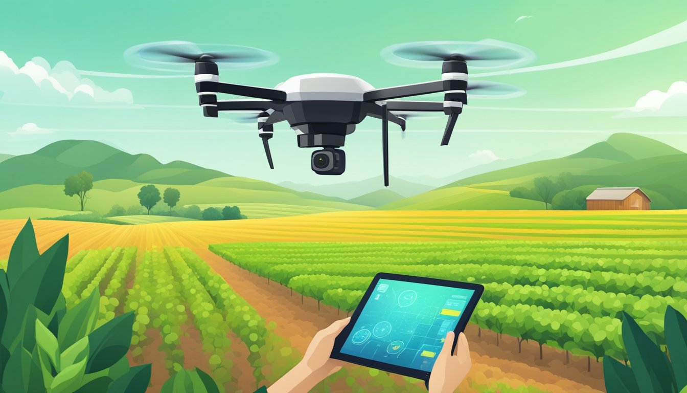 A drone hovers over a lush, green field, scanning the crops with precision. A farmer monitors the data on a tablet, ensuring pinpoint accuracy in their agricultural practices