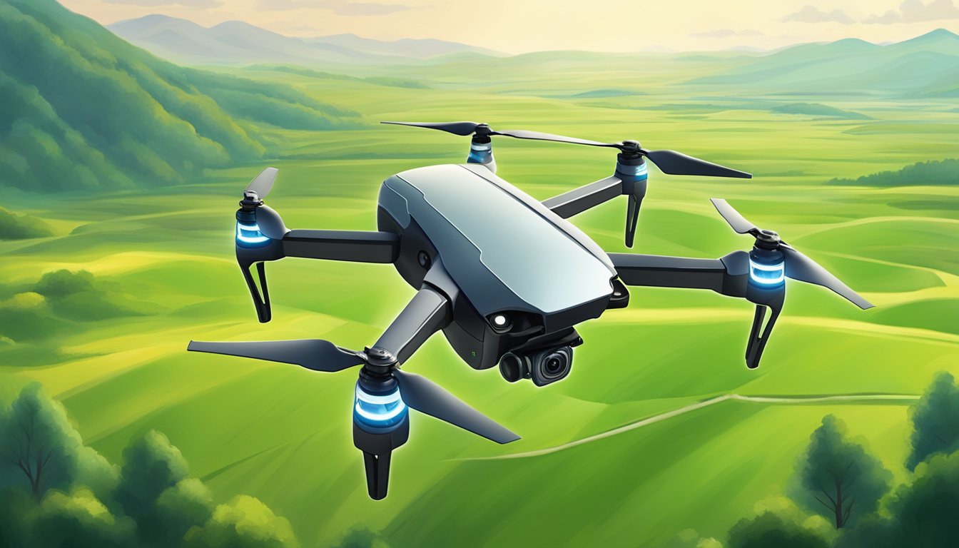 A drone hovers over a vast, green field, equipped with advanced sensors and cameras, capturing detailed images of the landscape below