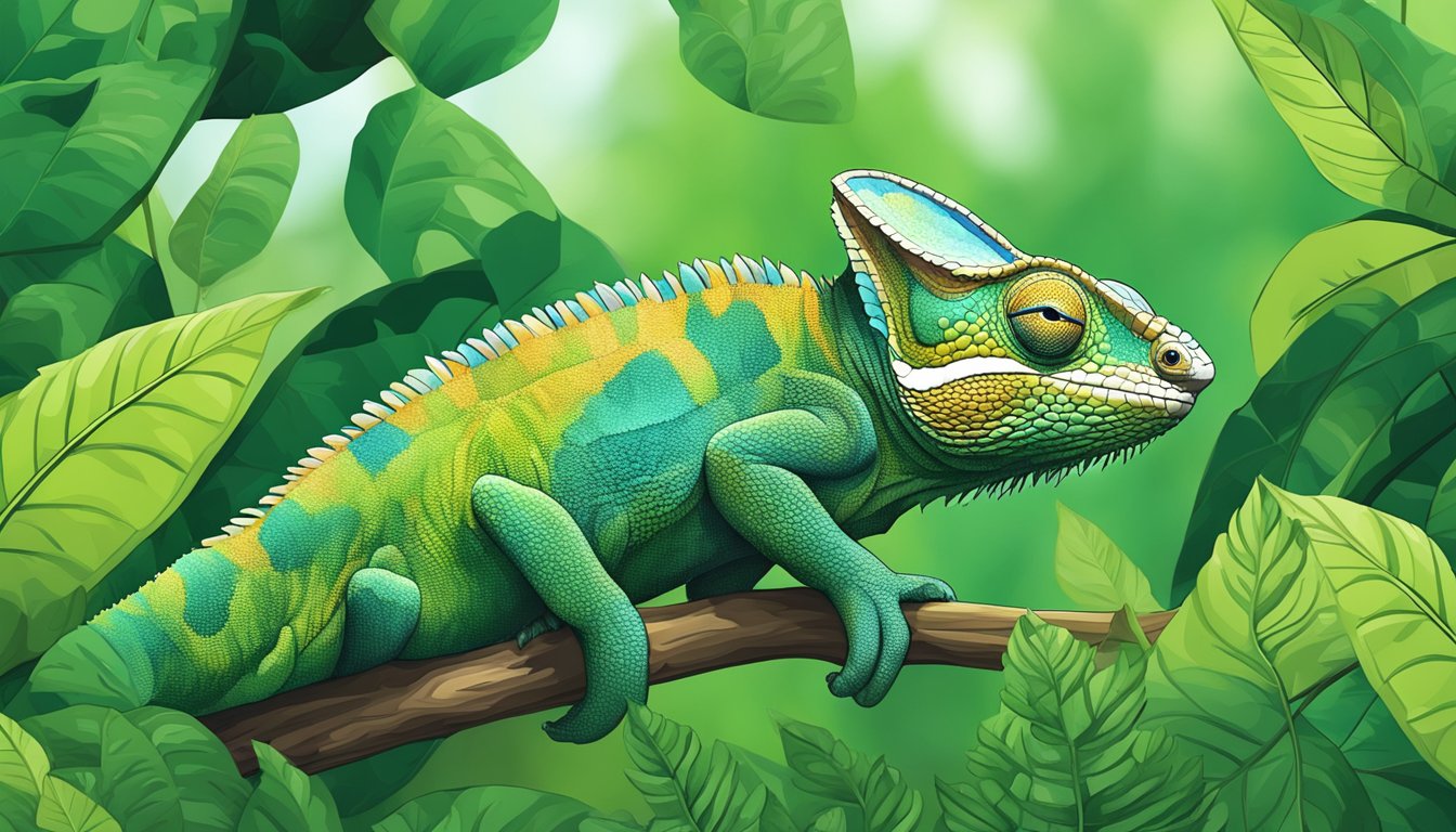 A chameleon blending into a lush green jungle foliage, perfectly camouflaged among the leaves and branches