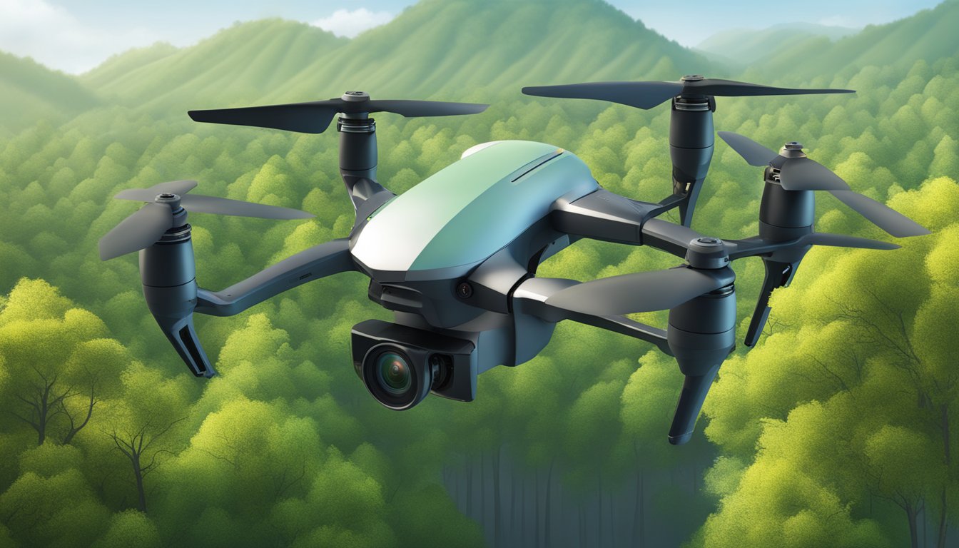 A drone hovers over a lush forest, scanning for precise data on tree health and biodiversity. Its advanced sensors capture detailed imagery of the ecosystem below