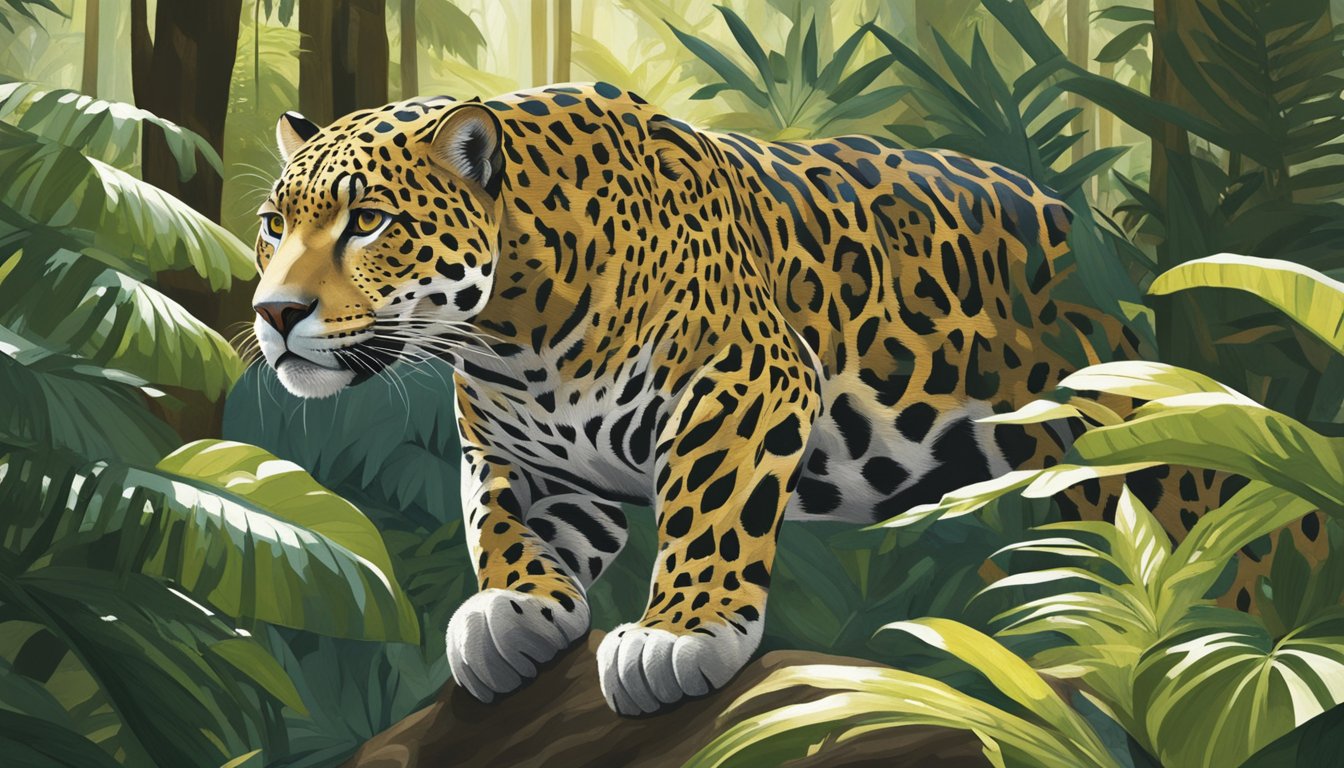 A jaguar blends seamlessly into the dappled sunlight and shadow of the rainforest floor, its spotted coat matching the surrounding foliage