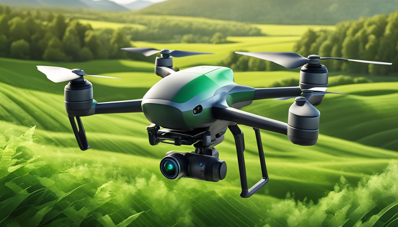 A drone hovers over a lush, green field, equipped with advanced sensors and cameras, capturing precise data for precision scouting