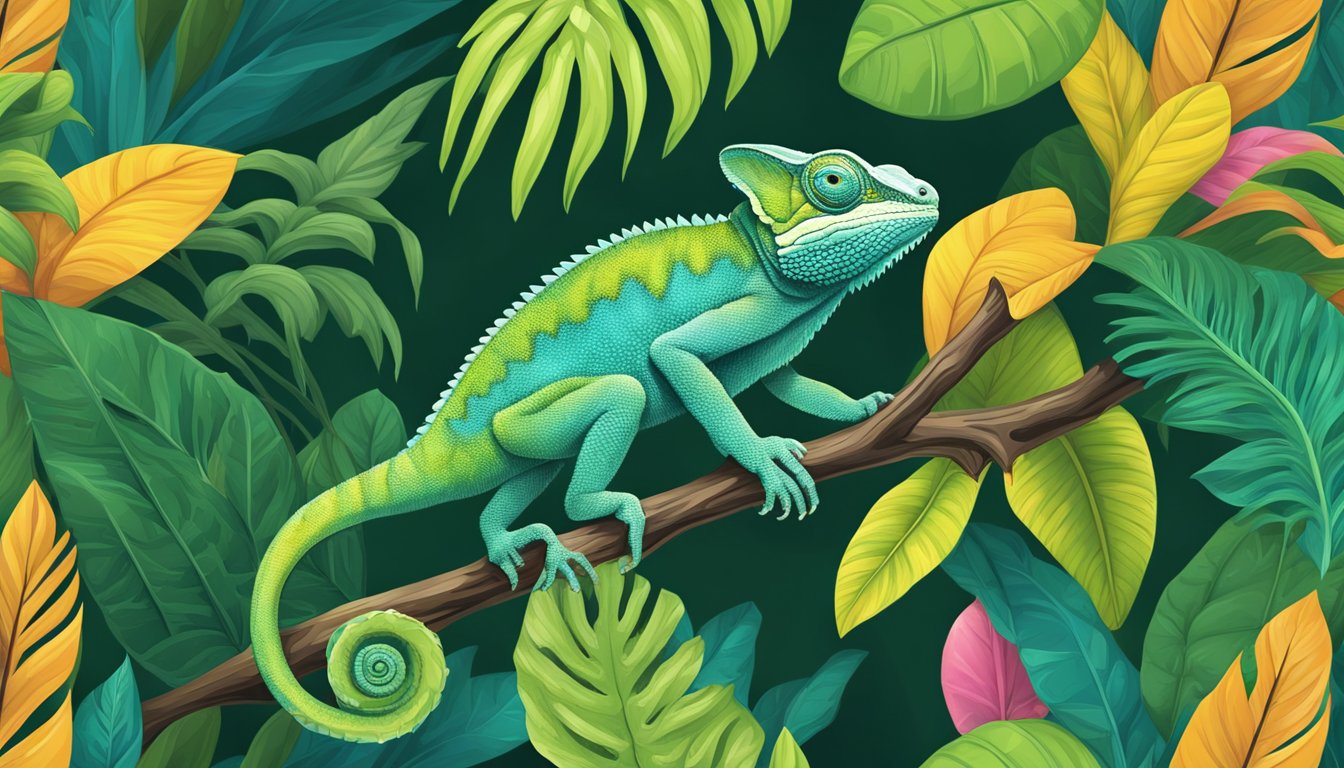 A chameleon blending seamlessly into a vibrant jungle backdrop, its skin mirroring the colors and textures of the surrounding foliage