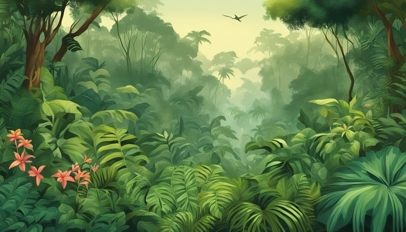 A dense jungle scene with a variety of flora and fauna blending seamlessly into their surroundings using natural camouflage techniques