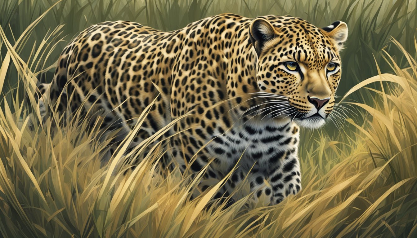 A leopard crouches low in the tall grass, eyes fixed on a grazing herd. Its muscles tense, ready to pounce at the perfect moment