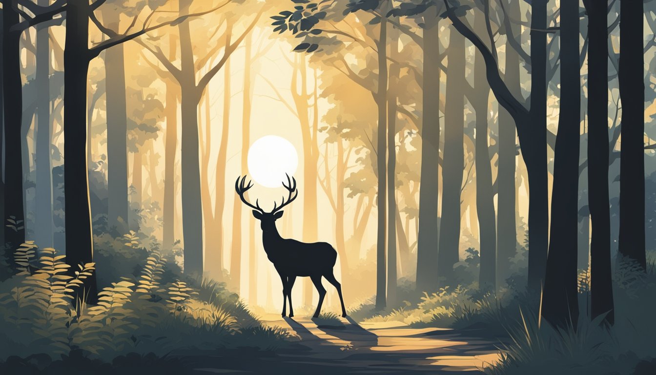 A serene forest at dawn, with the sun peeking through the trees and casting long shadows. A deer cautiously emerges from the underbrush, alert and ready to begin its day