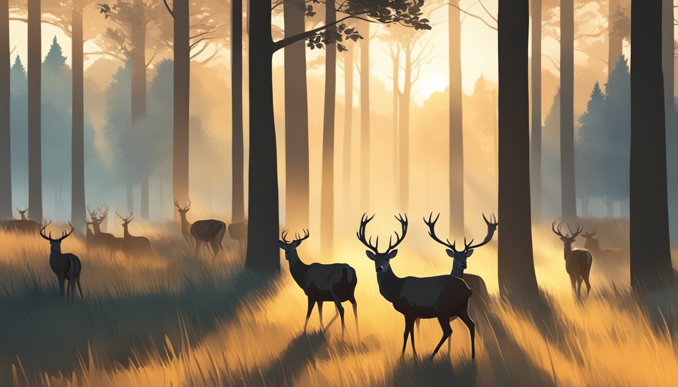 A herd of deer grazing in a forest clearing at dawn, as the sun rises and casts a warm glow on the landscape