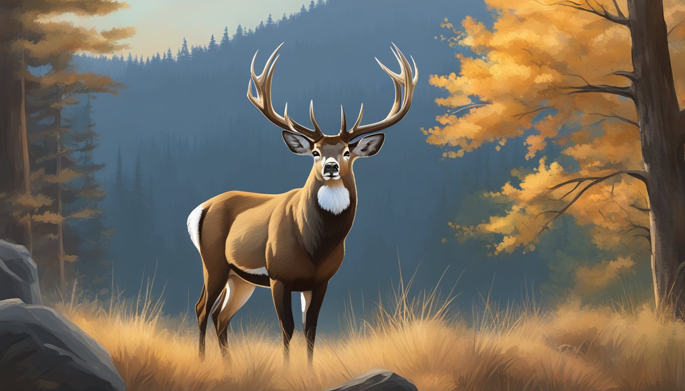 A majestic buck stands proudly in the early morning light, surrounded by the serene beauty of the wilderness