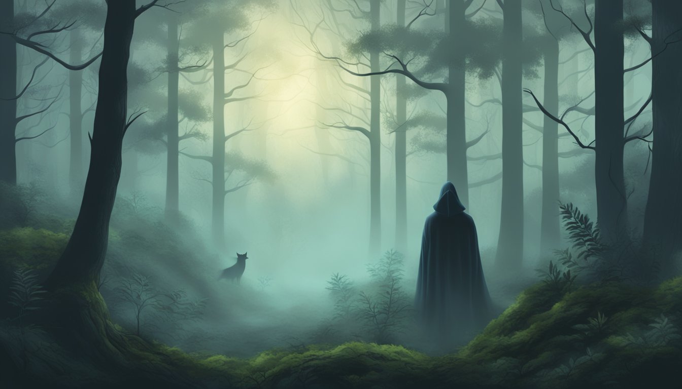 A misty forest with a ghostly figure lurking among the trees, creating an eerie and mysterious atmosphere