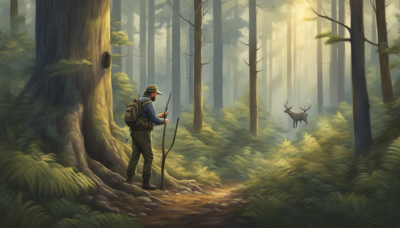 A hunter carefully sets up a tree stand in a dense forest, surrounded by towering trees and hidden wildlife