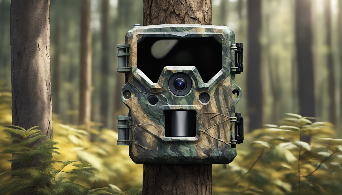 A trail camera mounted on a tree in a dense forest, capturing wildlife in its natural habitat