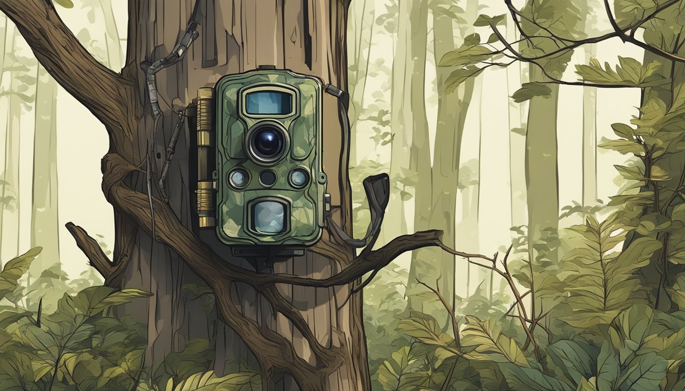 A trail camera mounted on a tree in a dense forest, capturing wildlife and recording data for hunters to analyze and strategize