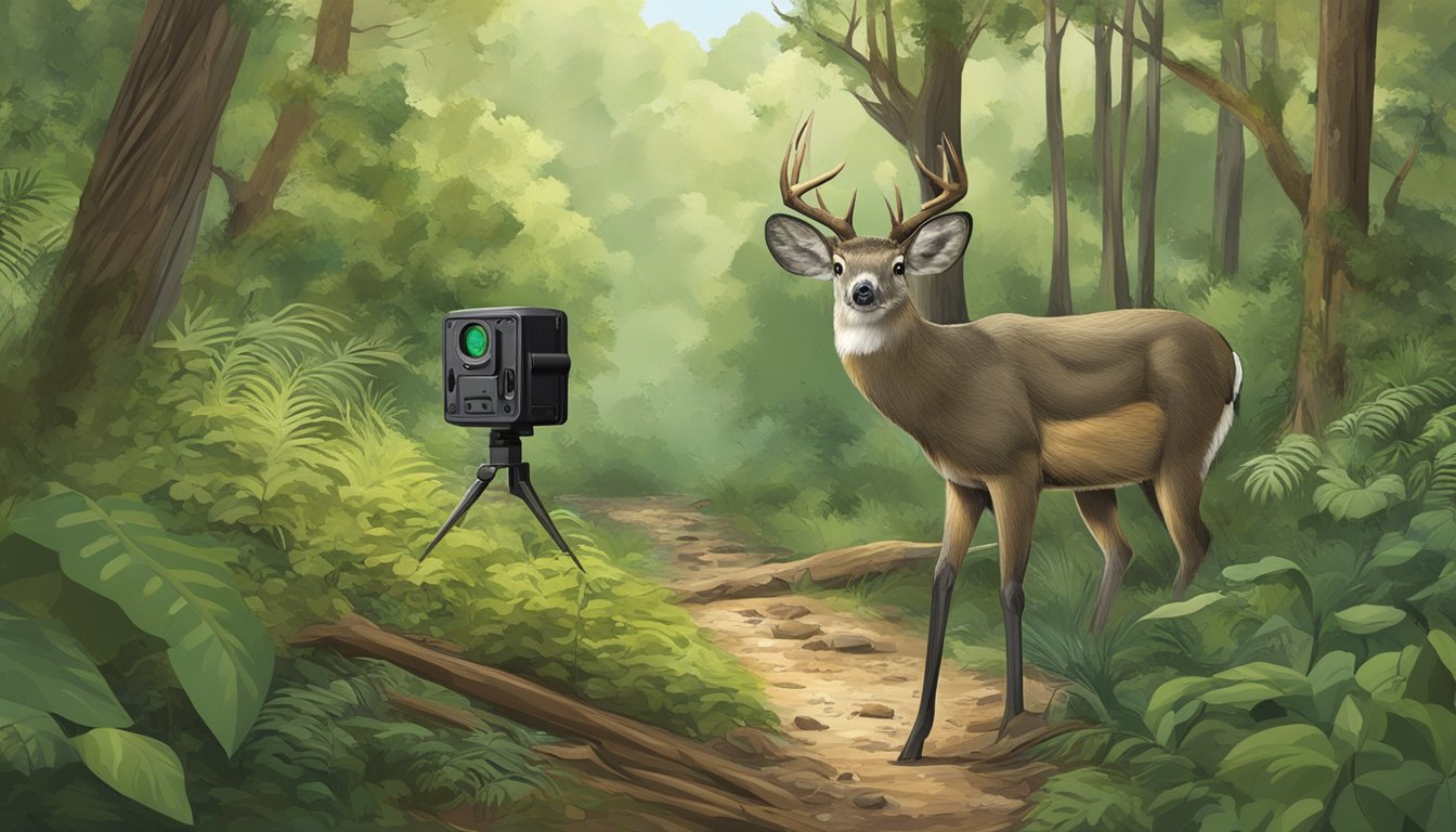 A trail camera positioned in a forest, capturing wildlife in their natural habitat. The camera is mounted on a tree, surrounded by lush vegetation and wildlife tracks