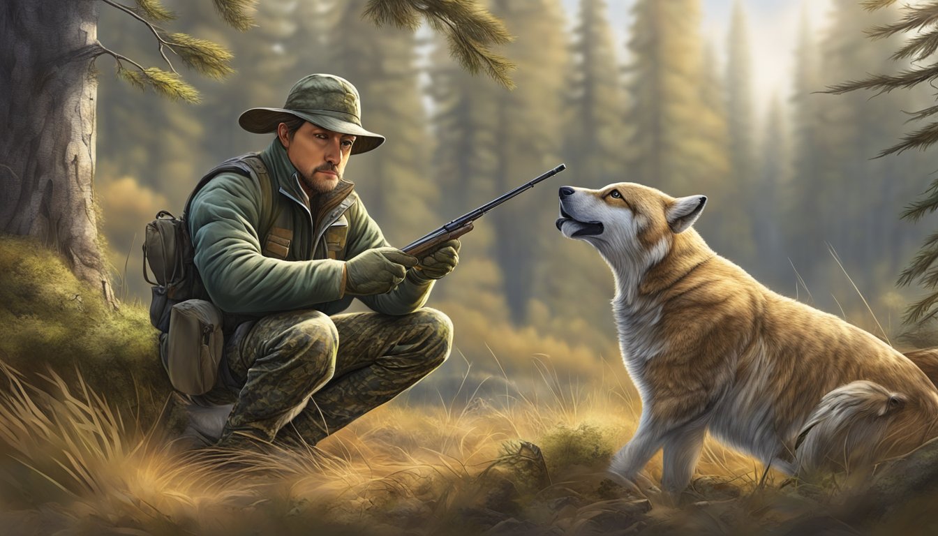 A hunter sets up a lifelike decoy of a prey animal in a natural setting, using advanced camouflage and strategic placement to fool wary game