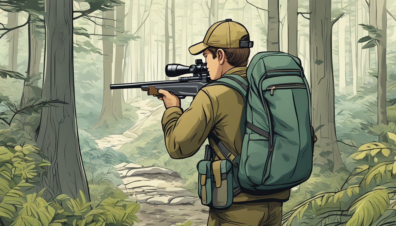 A hunter navigating through dense forest with a backpack, rifle, and map, scanning the area for signs of wildlife