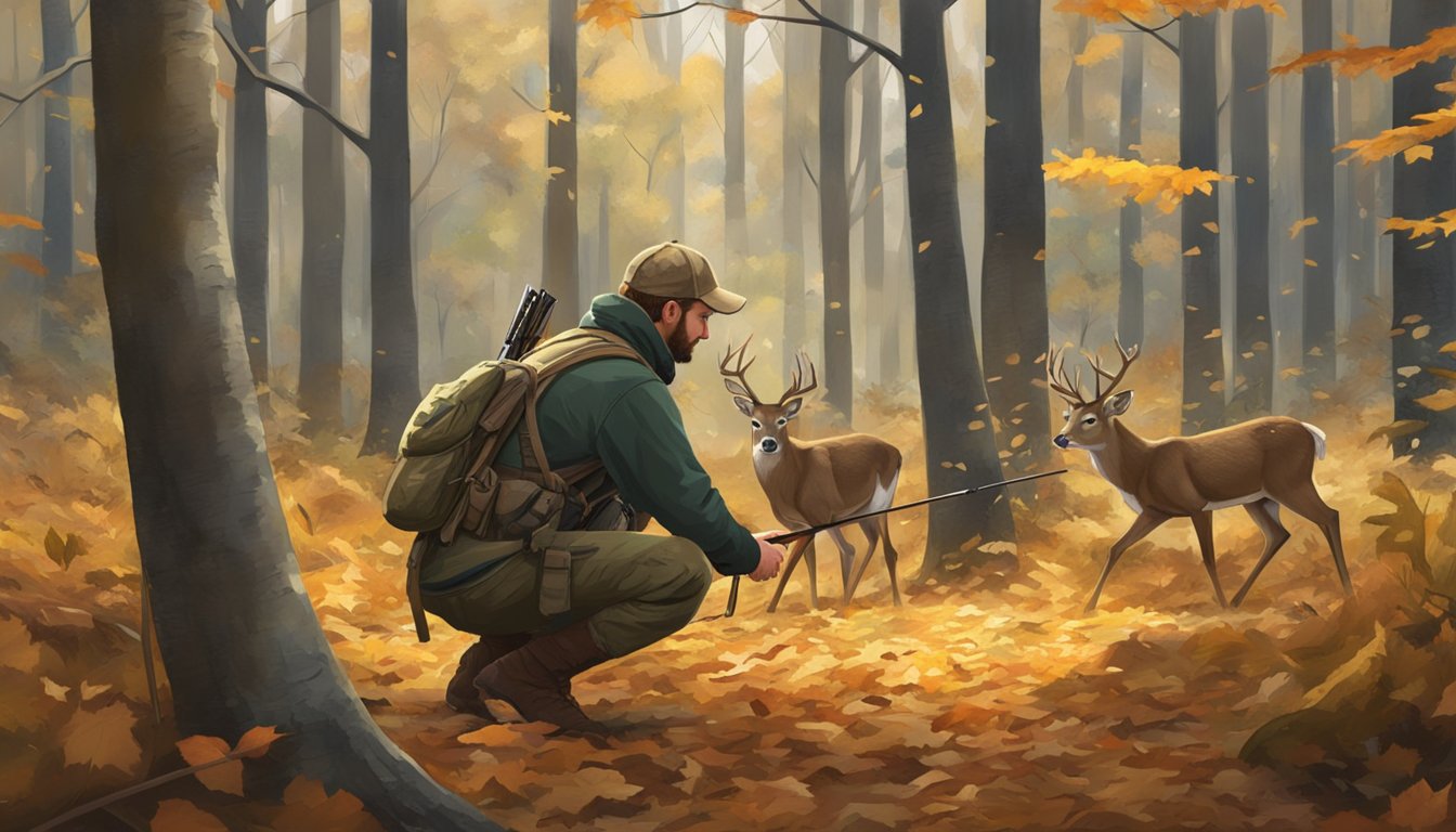 A hunter carefully field dresses a deer in a clearing, surrounded by dense forest and scattered fallen leaves