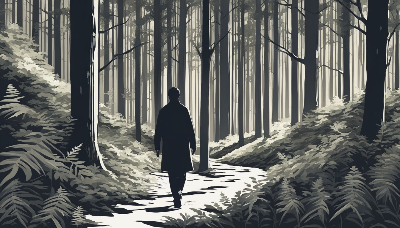 A shadowy figure moves silently through a dense forest, carefully placing each footstep to avoid making a sound. The figure blends seamlessly with the surroundings, becoming one with the environment