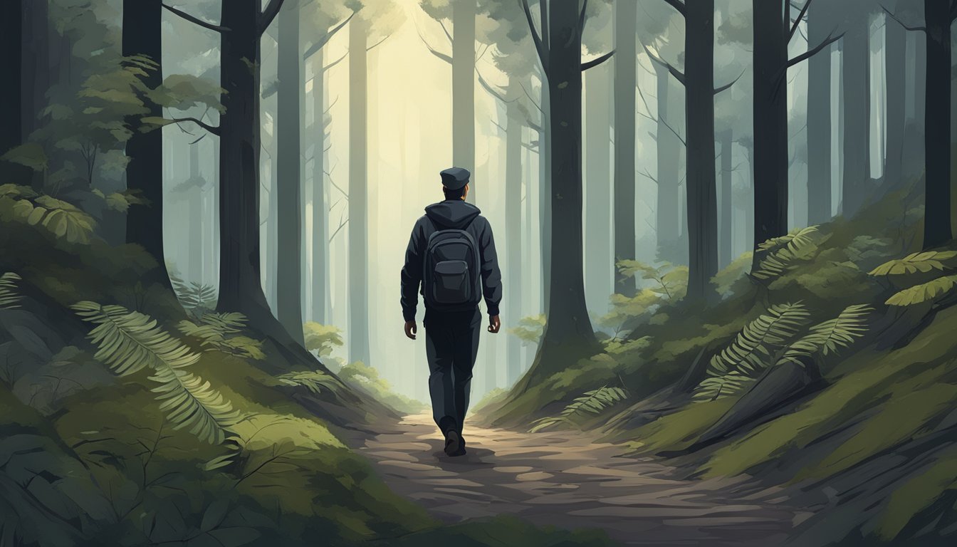 A figure in dark clothing moves silently through a forest, carefully placing each foot to avoid making a sound. They carry a bag of specialized tools for stealthy approaches