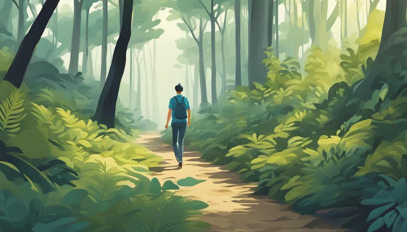 A figure moving quietly through a dense forest, stepping lightly on the ground, blending seamlessly with the surroundings