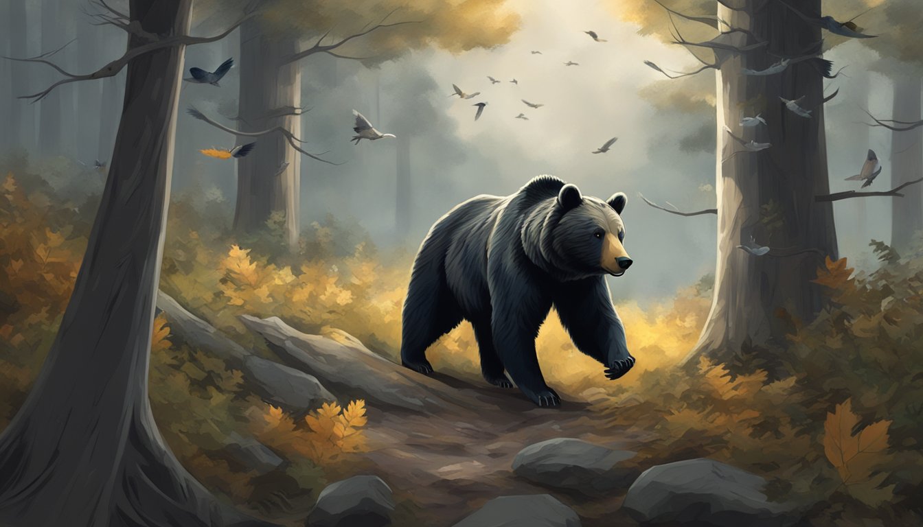 A bear foraging for food in a forest as dark clouds gather overhead, with leaves rustling in the wind and birds taking shelter