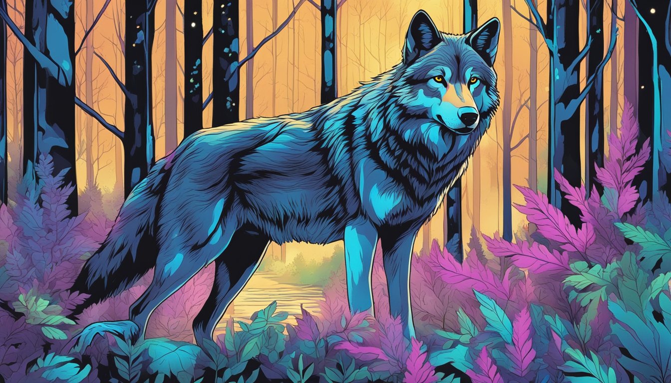 A wolf prowls through a dense forest at night, its body outlined in the glowing hues of thermal vision technology