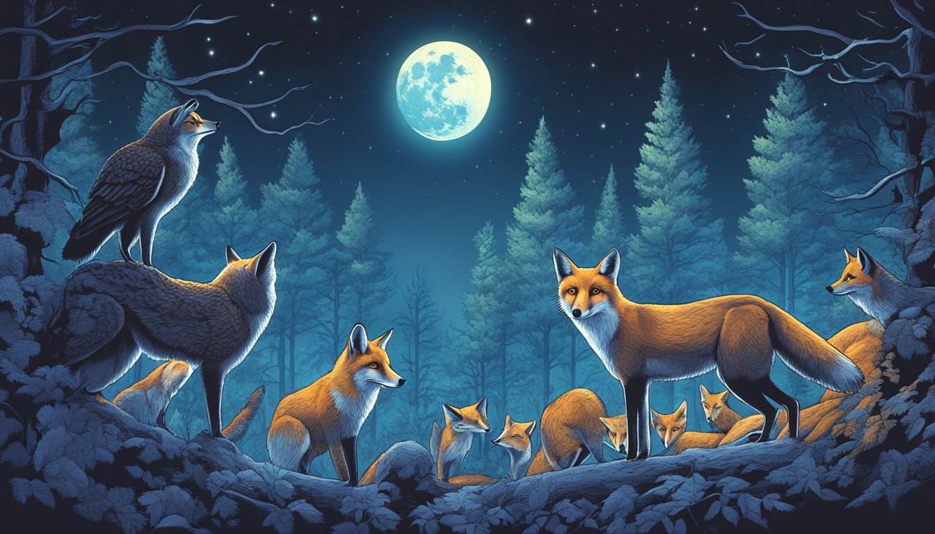 A group of nocturnal animals, such as owls and foxes, navigating through a moonlit forest using thermal vision technology for hunting