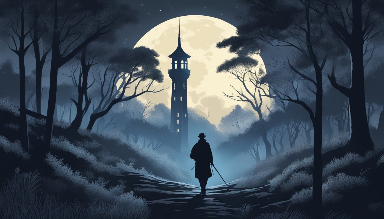 A figure silently navigates through a moonlit forest, carefully avoiding twigs and leaves, while the silhouette of a distant tower looms in the background