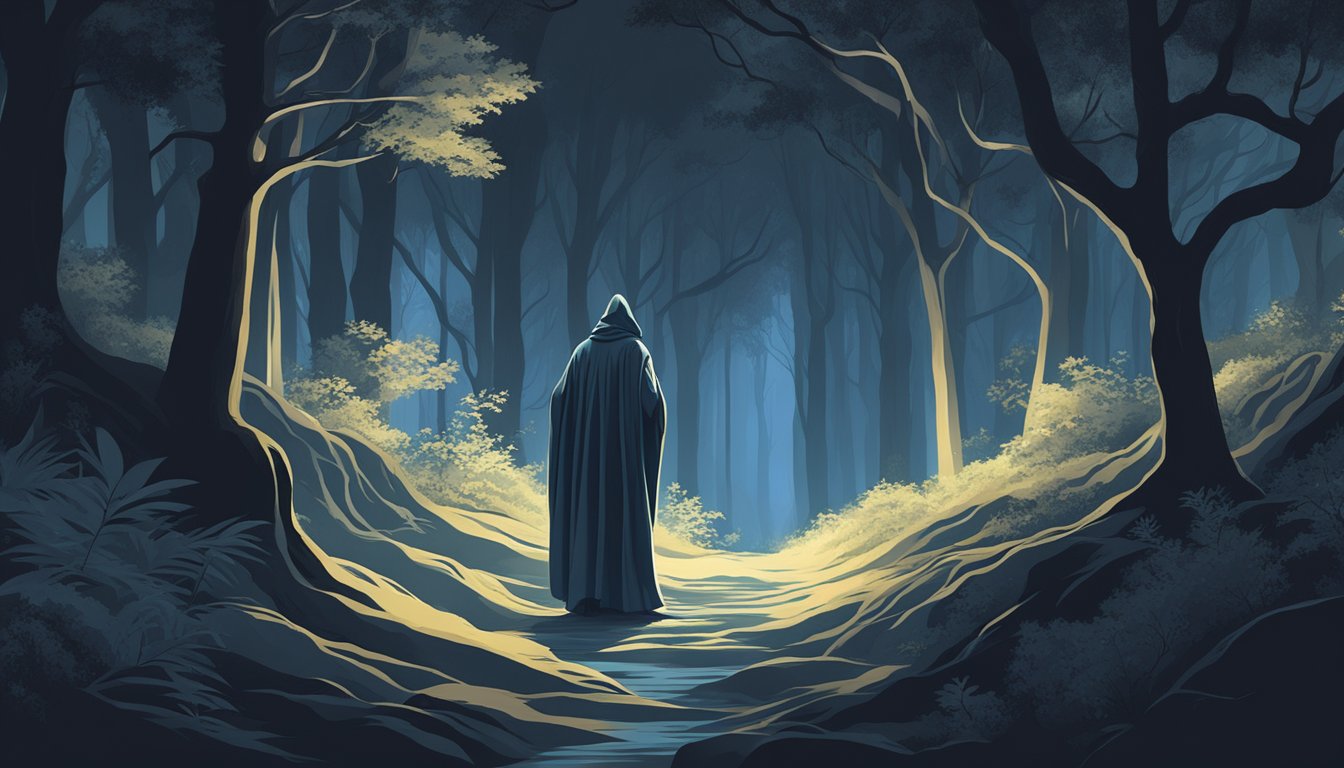 A figure in dark, flowing robes silently moves through a moonlit forest, blending seamlessly with the shadows