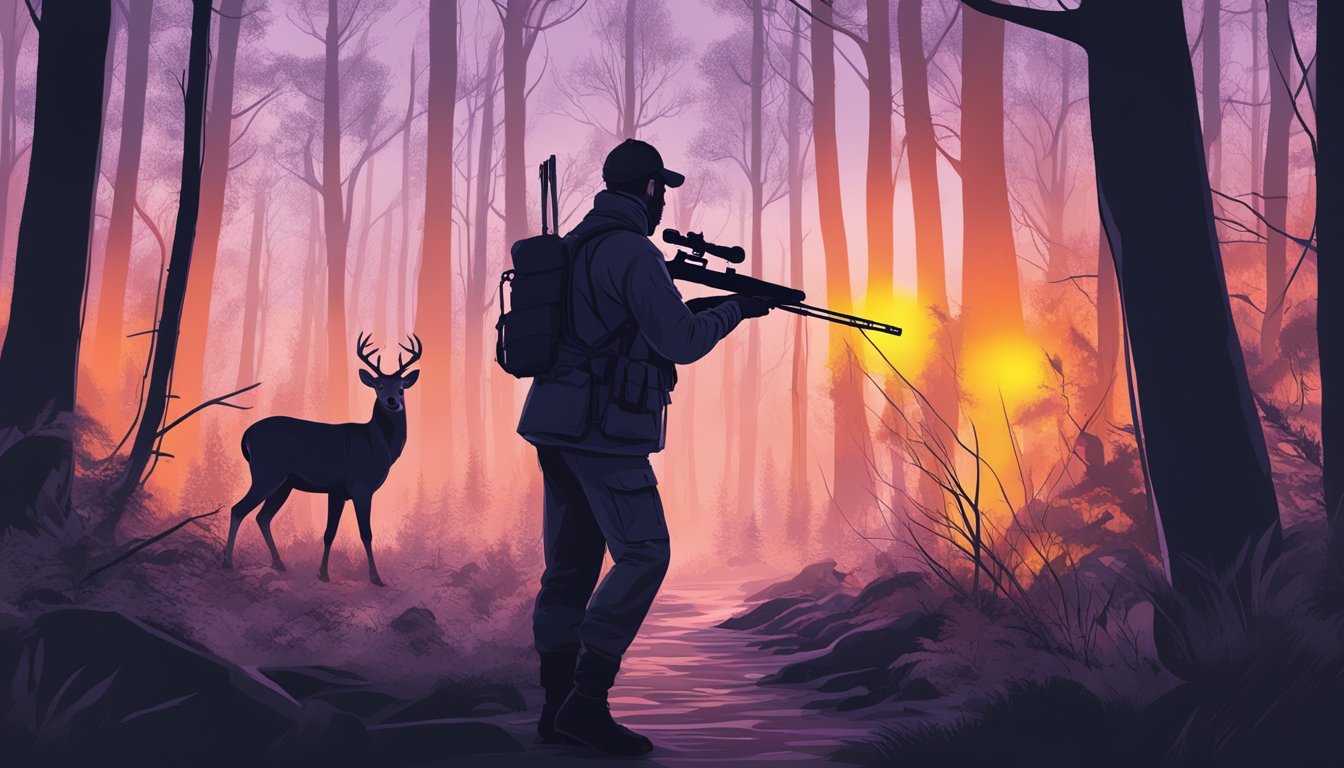 A hunter using thermal vision to track a deer in the dark forest, with the animal's heat signature glowing against the cool background