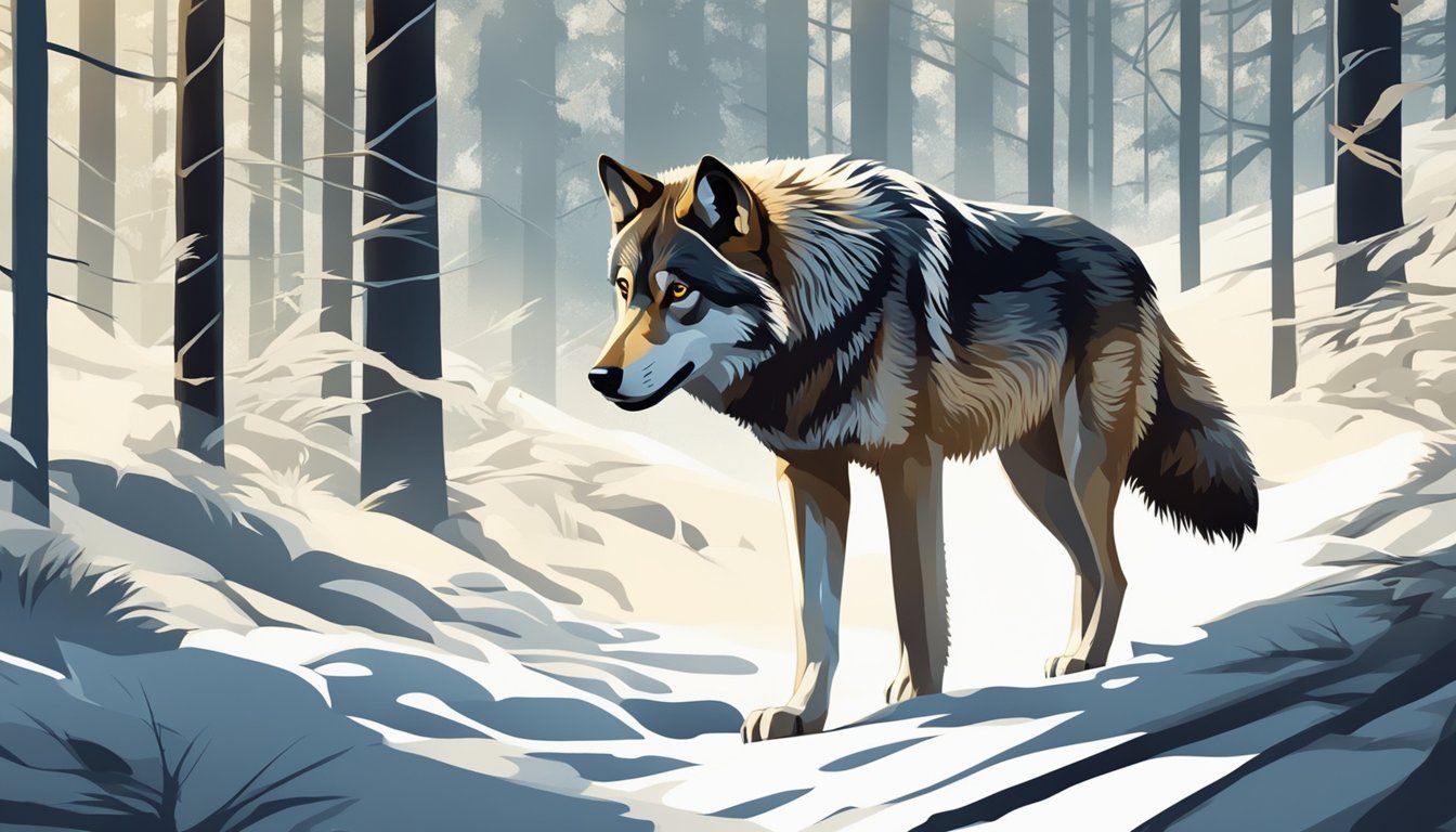 A lone wolf prowls through a dense forest, its fur blending seamlessly with the shifting patterns of sunlight and shadow