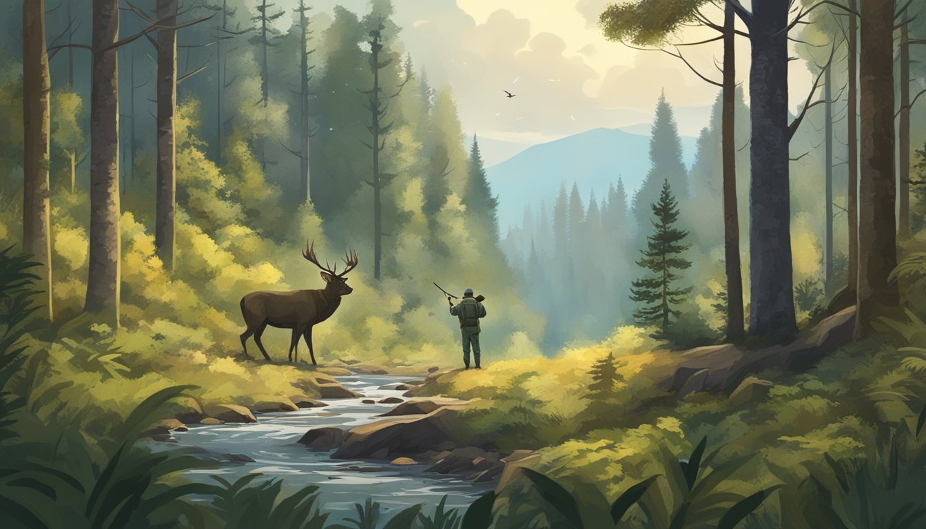 A forest landscape with a hunter observing the weather, surrounded by trees and wildlife