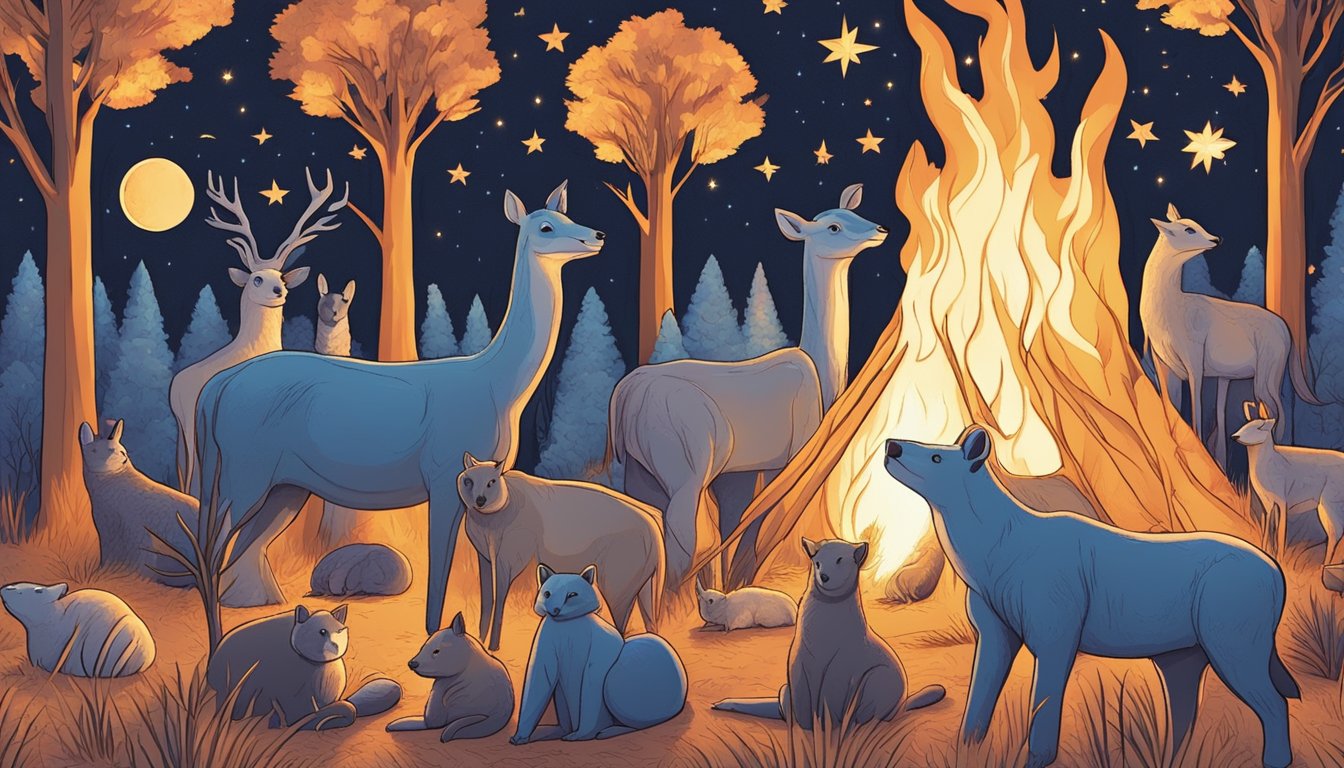 A group of animals gather around a glowing fire, surrounded by trees and under a starry night sky. Thermal imaging technology captures their warm bodies in the cool darkness