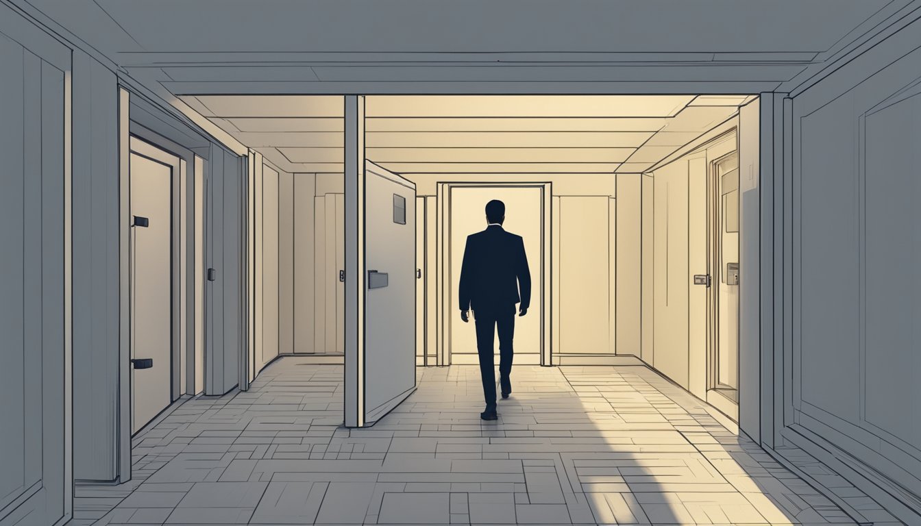 A shadowy figure inspects a hidden passage, blending seamlessly into the surroundings. Security cameras and sensors fail to detect the subtle entry and exit route