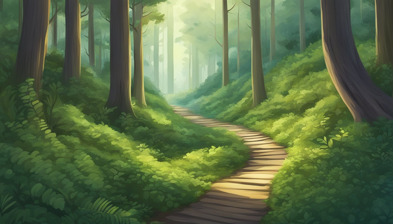 A dense forest with a hidden path winding through the trees, leading to an unseen entry point