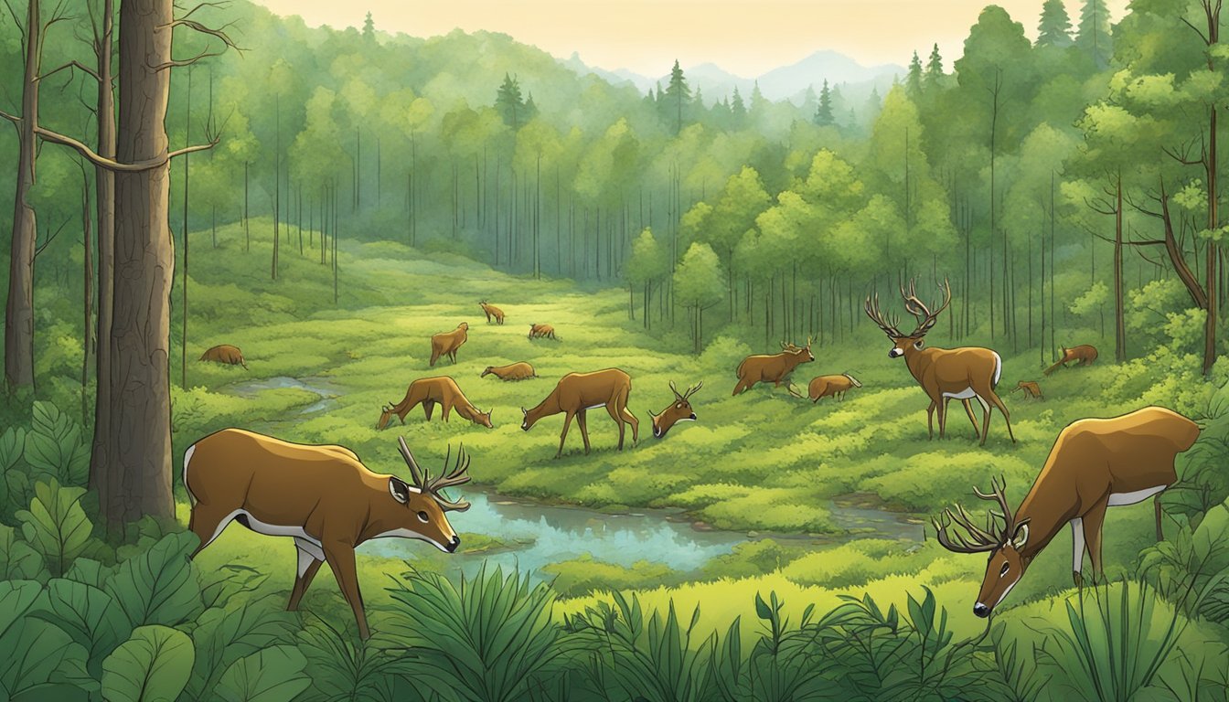 A lush forest transitions into a cleared area, where animals gather at the edge, vulnerable to hunters