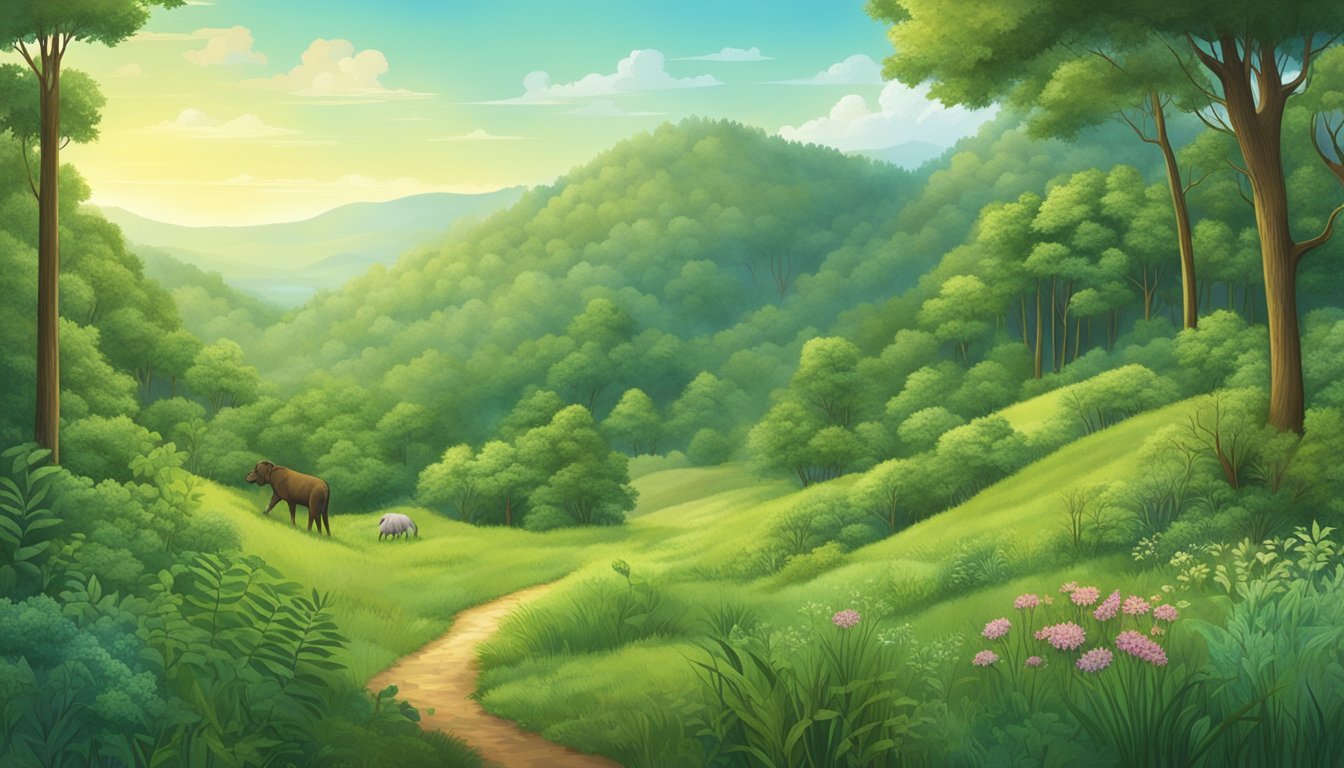 A lush forest transitioning into a grassy meadow, with diverse plant and animal species thriving at the edge