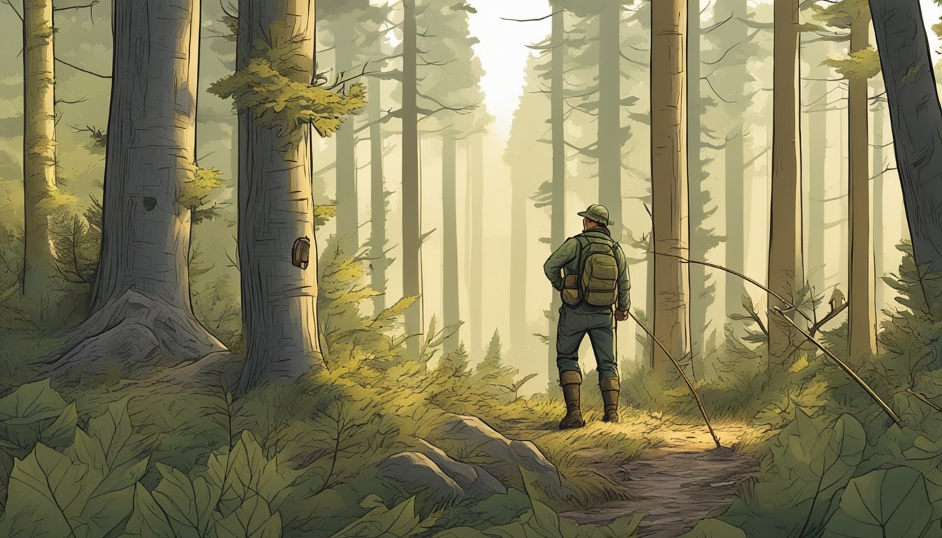 A hunter carefully lays out bait and lure lines leading to their stand in a dense forest, using the natural terrain to create an irresistible scent trail