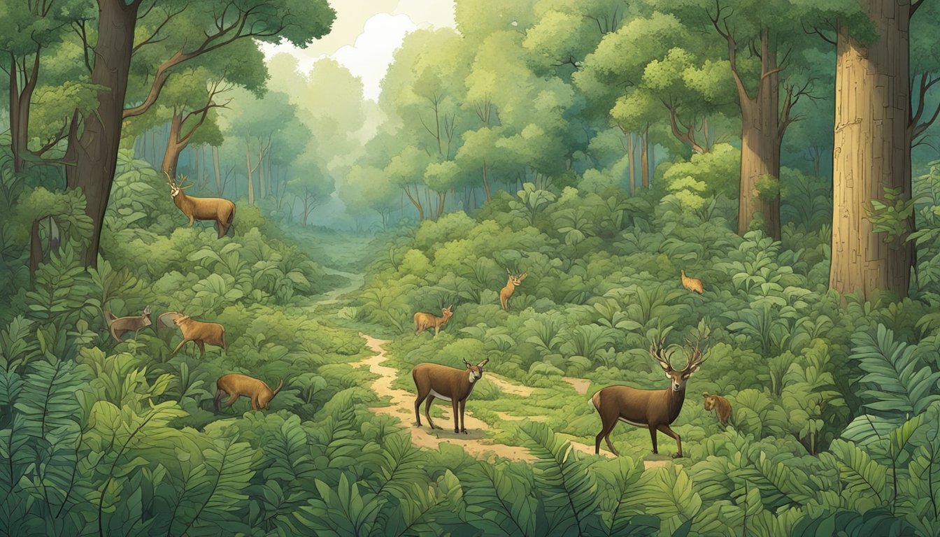 A dense forest clearing with a variety of plants and animals, showing signs of human activity such as hunting traps and paths created by edge effects