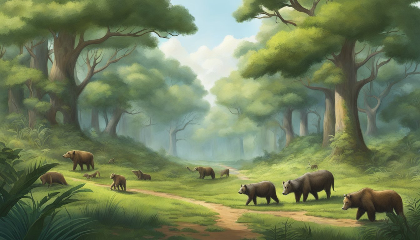 A dense forest meets a grassy plain, where various animal tracks converge. The transition zone is teeming with life, as creatures navigate between the two distinct habitats