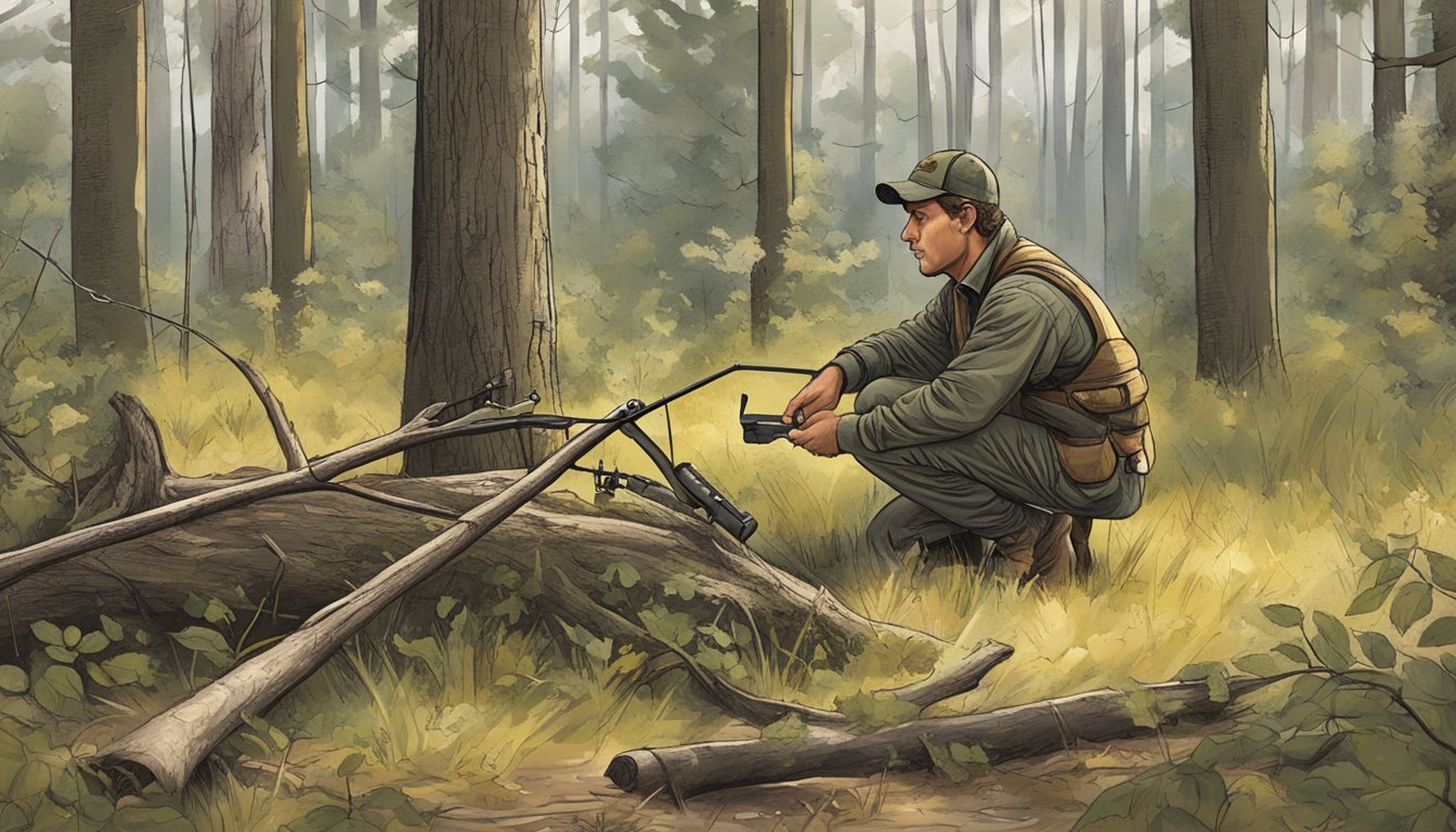 A hunter setting up a scent trail leading to their stand in a wooded area, strategically placing lure lines to attract game