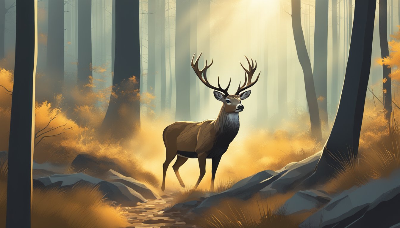 A deer navigating through a forest, with visible heat currents rising from the ground, indicating the use of thermals for travel