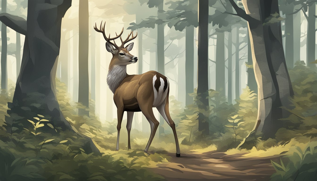 A deer standing in a forest, with focus on the potential pressure points and stress zones on its body