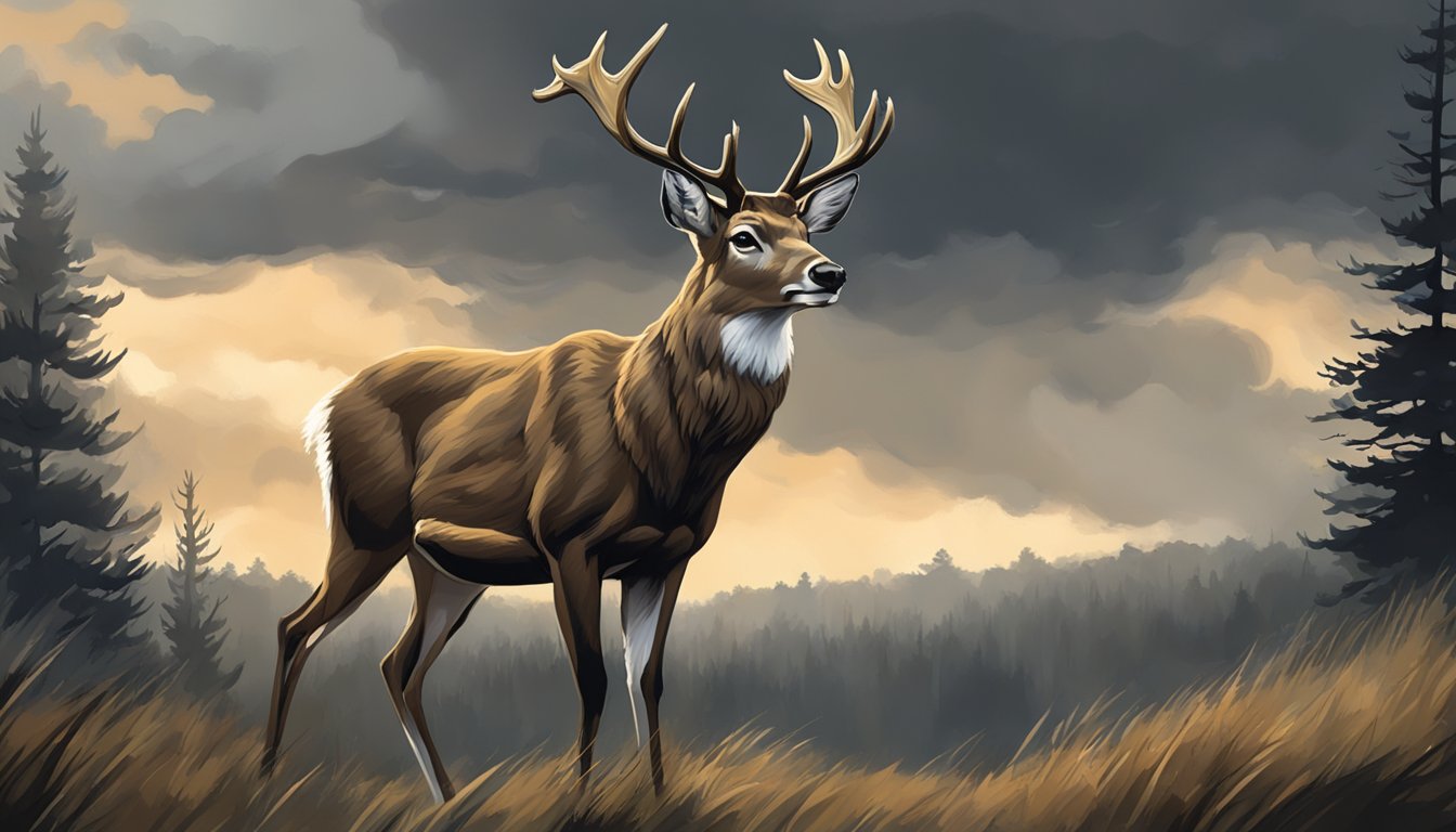 A deer stands alert in a wooded area, ears perked and head raised, as dark clouds loom overhead and the wind picks up