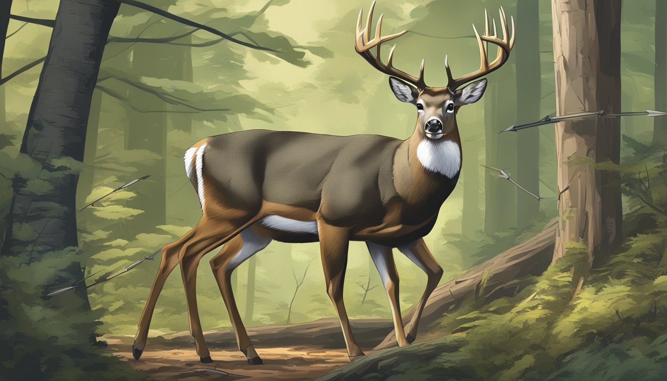 A whitetail deer standing in a forest, with arrows pointing to specific pressure points on its body