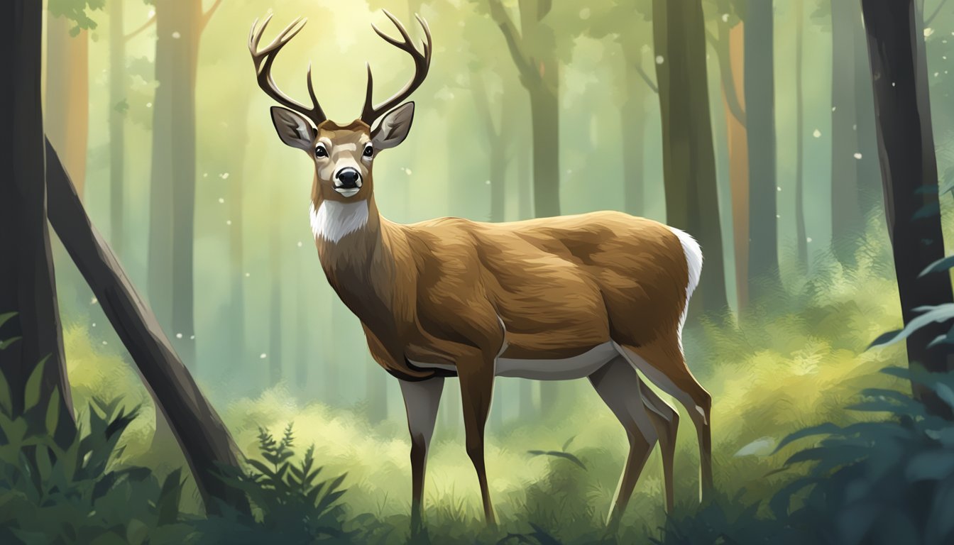 A deer standing in a forest clearing, its ears perked up and eyes alert, surrounded by trees and wildlife